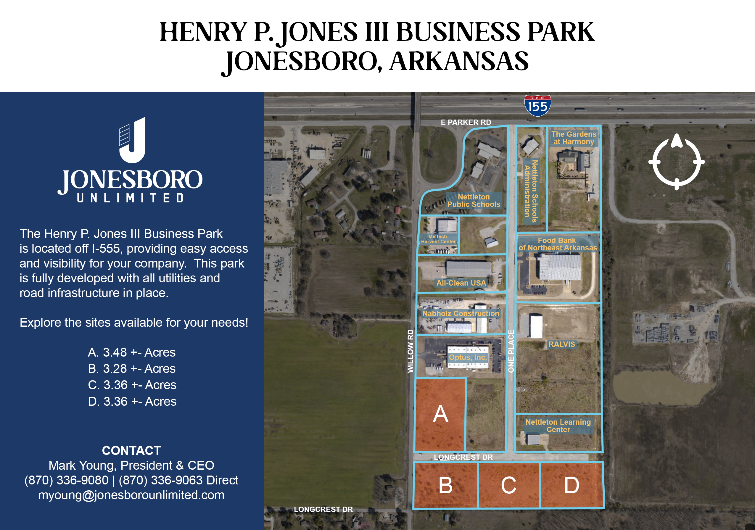 Aerial Map and graphic of Henry P. Jones III Business Park showing available sites for sale