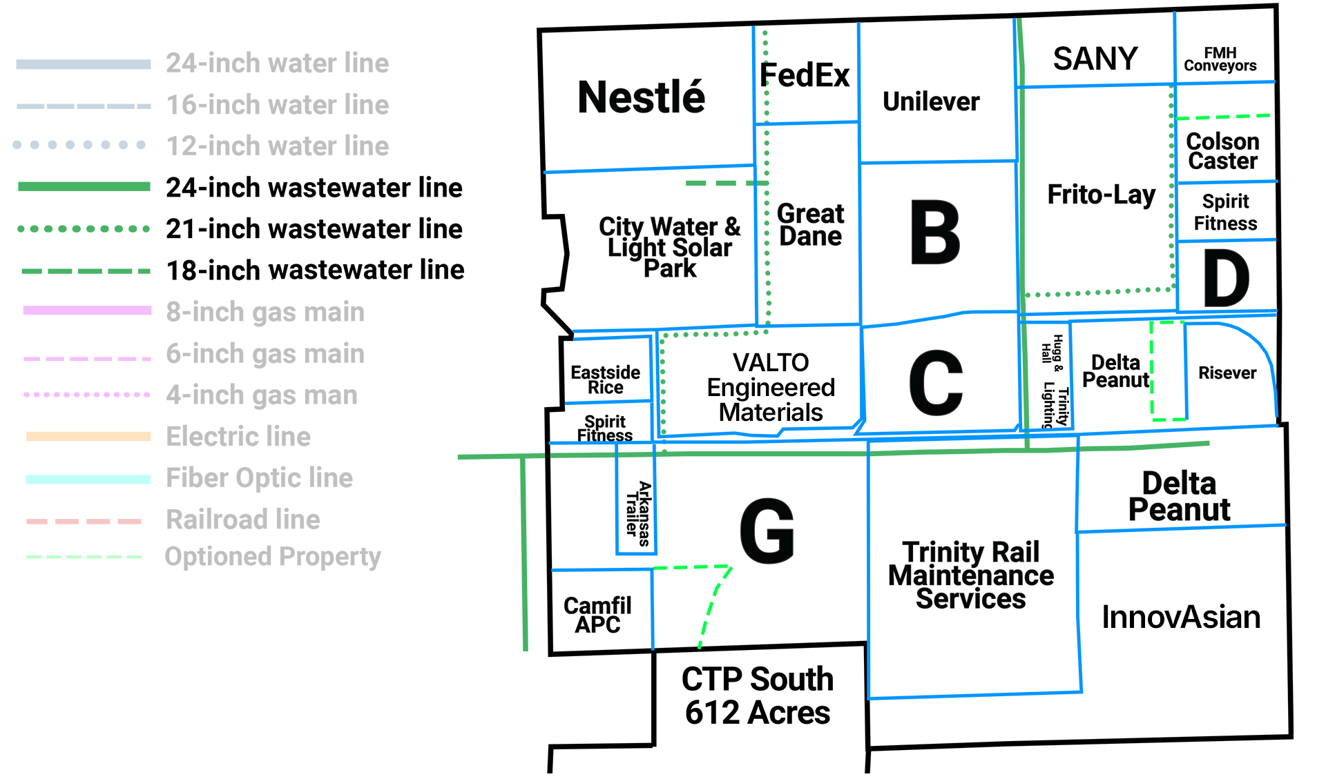 Map of Craighead Technology Park Wastewater Lines Infrastructure in Jonesboro, Arkansas