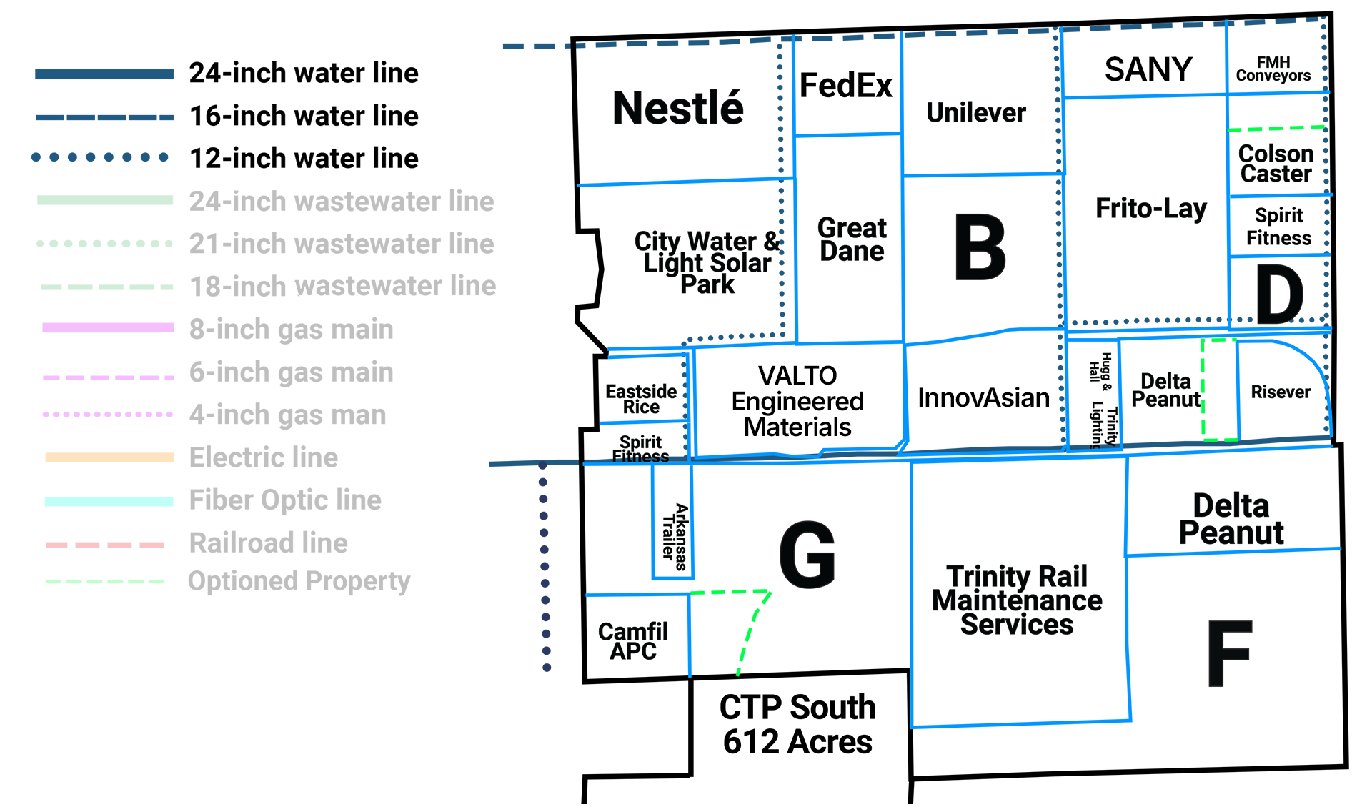 Map of Craighead Technology Park Water Lines Infrastructure in Jonesboro, Arkansas