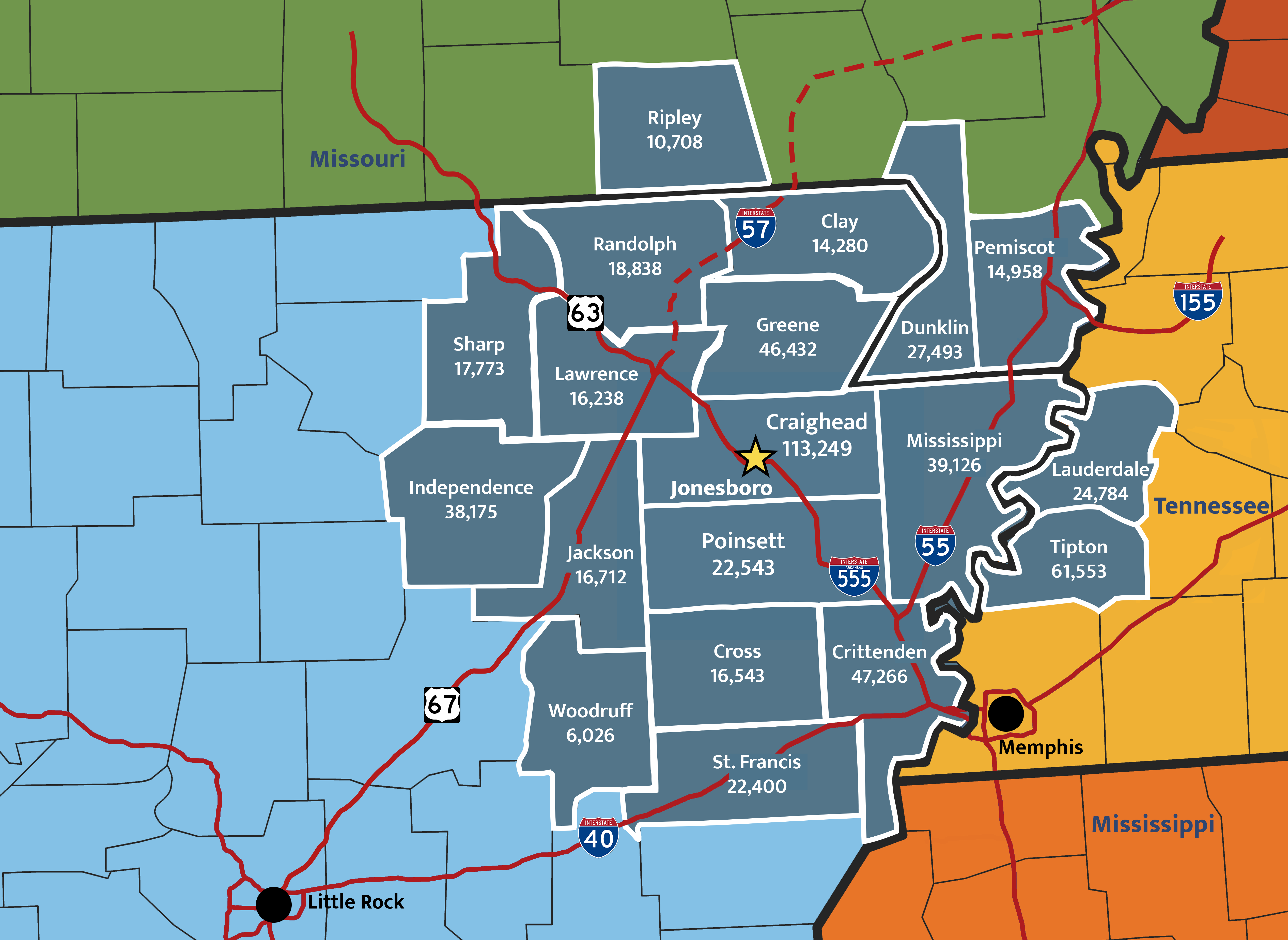 Jonesboro Labor Market Map of Counties with Populations