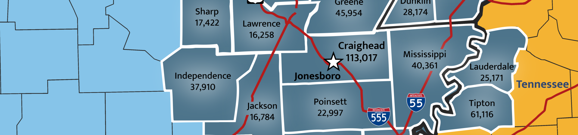 Jonesboro Labor Market Map of Counties with Population