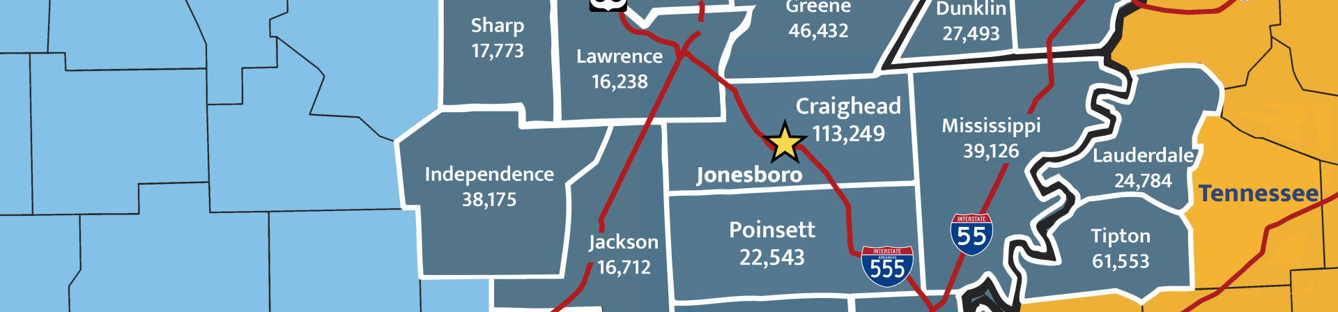 Map of Jonesboro Labor Market showing counties and their populations.