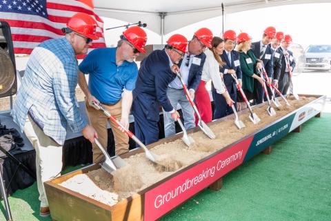 Officials shoveling dirt in a trough to symbolize the groundbreaking of InnovAsian's food manufacturing facillity in Jonesboro, Arkansas
